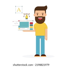 Concepto de diseño web en diseño plano moderno. Dibujos gráficos de diseñador masculino