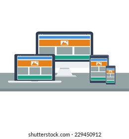 web design concept of modern web design, in flat style with set of modern technology devices - computer monitor, laptop, digital tablet and mobile phone. vector illustrations
