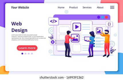 Web design concept, people creating an web application design, content and text place. Modern flat web page design for website and mobile website development. Vector illustration