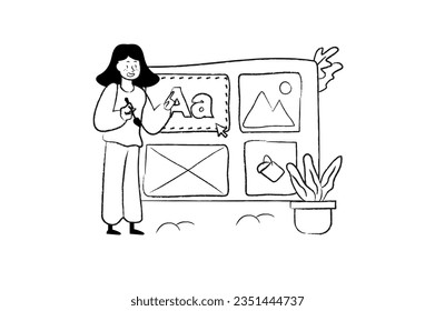 Web design concept with people scene in the flat line cartoon design. A creative designer works on the layout of a website and its design. Vector illustration.