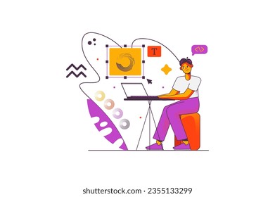 Concepto de diseño web con escenas de personas en el diseño de caricaturas planas. Un diseñador creativo trabaja hábilmente en la creación de un sitio web elegante para los clientes. Ilustración vectorial.