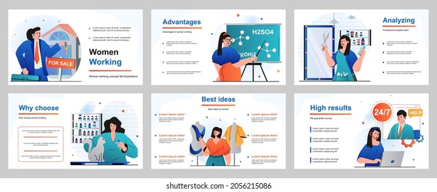 Web design concept for presentation slide template. Female occupations - businesswoman, teacher, hairdresser, veterinarian, seamstress, operator call center. Vector illustration for layout design