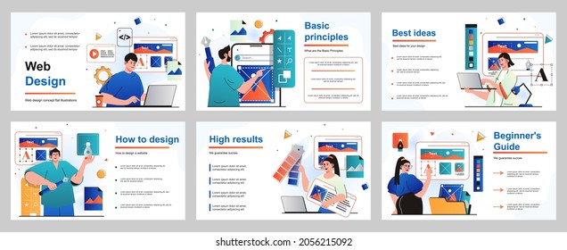 Web design concept for presentation slide template. Designers create and optimize layout of website, select colors of user interface, place elements and graphics. Vector illustration for layout design