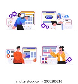 Web design concept scenes set. People create webpage layout, designers place graphic elements, development and optimize interface page at screen. Vector illustration collection in trendy flat design