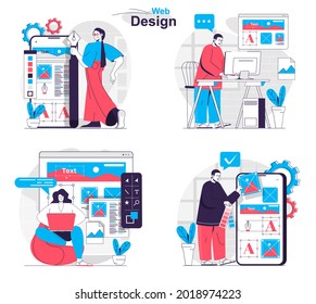 Web design concept set. Developers create page layout, place graphics and content. People isolated scenes in flat design. Vector illustration for blogging, website, mobile app, promotional materials.