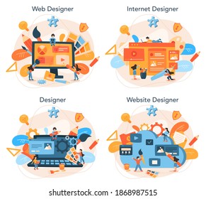 Web design concept set. Presenting content on web pages. Website layout, composition and color development. Idea of computer technology. Flat vector illustration