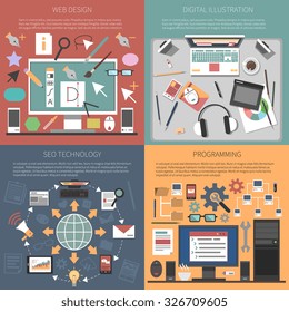 Web design concept set with with seo technology programming flat icons isolated vector illustration
