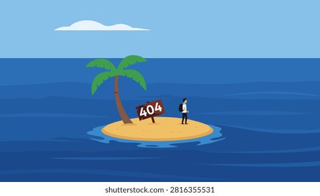 Web design concept showing a lost man with a backpack on a tiny desert island with a wooden 404 error sign.