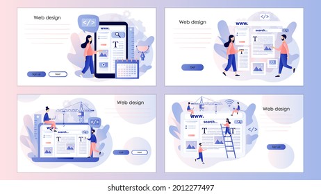 Web design concept. Tiny people building webpage. Website interface design. Software development process. Screen template for landing page, template, ui, web, mobile app, poster, banner, flyer. Vector