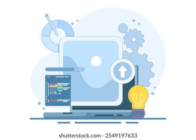 Web Design Concept, ui ux und Programmierer mit Computer, Software-Entwicklung, Design und Programmierung, App-Design, Coding, Web-Entwicklung. flache Vektorgrafik auf Hintergrund.