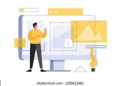 Web design concept and website development. A young cartoon man stands in front of a computer monitor. The process of creating web pages. Vector flat illustration.