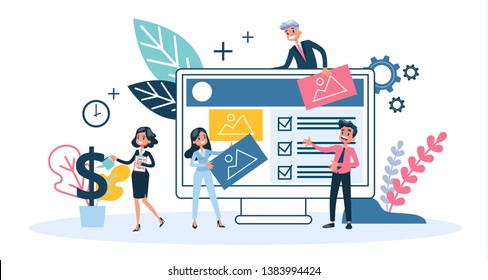 Web design concept. Website development, programming and making responsive interface. Graphic design. New product with a good usability. Vector illustration in cartoon style