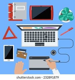 Web design concept. Working on laptop in flat design
