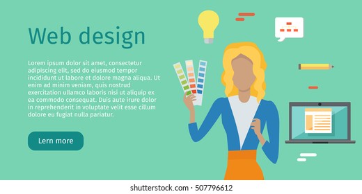 Web design conceptual web banner. Flat style. Woman character with color guide carts in hand. Building website, application interface. For web development company landing page. Internet technologies