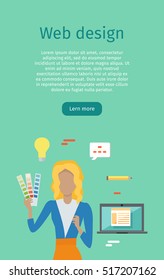 Web design conceptual web banner. Flat style. Woman character with color guide carts in hand. Building website, application interface. For web development company landing page. Internet technologies
