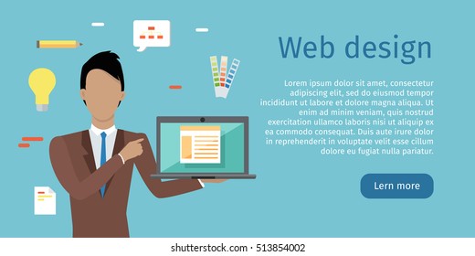 Web design conceptual web banner. Man character with computer in hand making presentation. Building website, application interface. For web development company landing page. Internet technologies