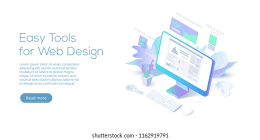 Web Design Conceptual Isometric Vector Illustration. Website Interface Creating Software Concept. 