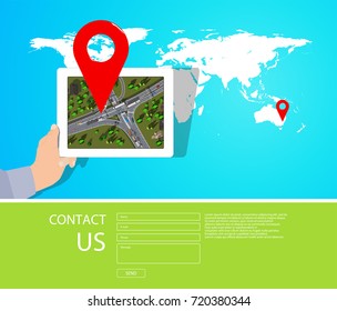 Web design contact page with world map and white digital tablet