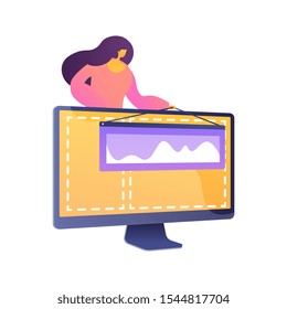 Diseño Web y creación de contenido. Página de inicio, sitio web, página de inicio creando elemento de diseño. Diseñadora gráfica femenina, desarrollador de carácter plano. Metáfora de concepto aislado de vectores