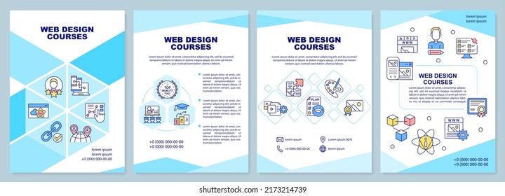 Web design courses cyan brochure template. Programming skill. Leaflet design with linear icons. Editable 4 vector layouts for presentation, annual reports. Arial-Black, Myriad Pro-Regular fonts used