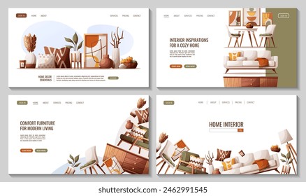Web design with cozy sofa, armchair,  chairs with table, tv stand, interior decor elements. Interior design, home decor, furniture, living room concept. Vector illustration for banner, website.