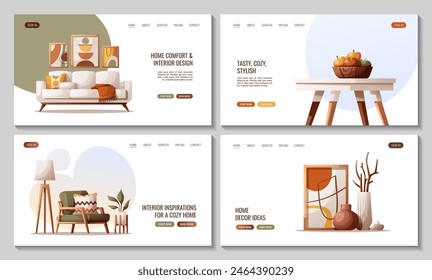 Diseño web con sofá acogedor, sillón, mesa de comedor, Elementos de decoración interior. Diseño de interiores, decoración del hogar, muebles, concepto de salón. Ilustración vectorial para el Anuncio, Sitio web.