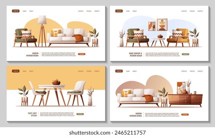 Web design with cozy sofa, armchair,  chairs with table, tv stand, interior decor elements. Interior design, home decor, furniture, living room concept. Vector illustration for banner, website.