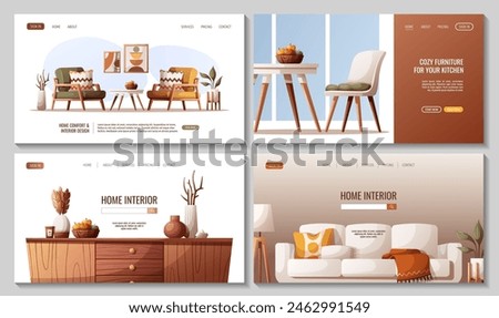 Web design with cozy sofa, armchair,  table with chair, tv stand, interior decor elements. Interior design, home decor, furniture, living room concept. Vector illustration for banner, website.