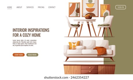 Web design with cozy white sofa, wooden tv stand, dining table with chairs. Interior design, home decor, furniture, living room concept. Vector illustration for banner, website.