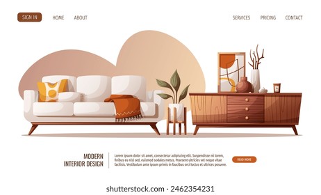 Web design with cozy white sofa, houseplant and wooden tv stand. Interior design, home decor, furniture, living room concept. Vector illustration for banner, website.