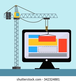 Web design with crane lifting building blocks on PC vector concept