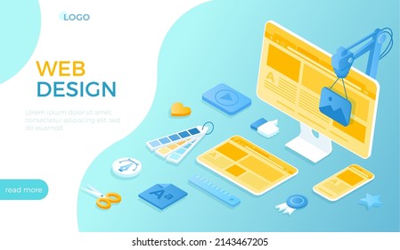 Web Design. Creating UI UX website design. Website landing page for monitor, laptop, tablet, phone. Web page for website and mobile site. Isometric vector illustration for website.