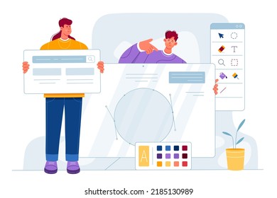 Creación de diseño web, trabajo de agencia con equipo creativo de artistas ilustraciones vectoriales. Pequeñas personas de dibujos animados desarrollan aplicaciones de interfaz de usuario con herramientas de edición visual, los diseñadores profesionales construyen un nuevo proyecto de moda