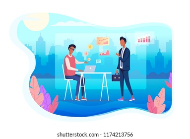 Web design creative process flat vector illustration. A client and a freelancer programmer talk about internet project