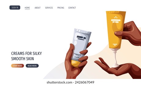 Web design with dark skin hands with tubes of cream. Beauty, skin care, body care, cosmetic concept. Vector illustration for banner, poster, website.
