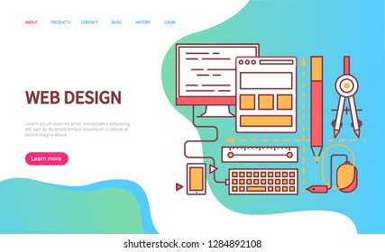 Web design decorated by monitors, computer mice and keyboard. Gadget and internet connection, blue color of interface, flat device icons vector. Website template, landing page in flat style
