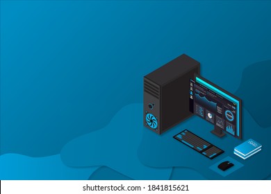 Web design and development, web administration, isometric laptop, isometric technology, vector isometric illustrations.