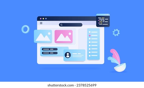 Web design and development - Browser window with abstract page or application on screen. Semi flat 3d vector design in flat front view