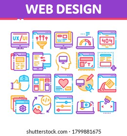 Web Design Development Collection Icons Set Vector. Creative Web Design Studio Tool And Settings, Error Message And Filtering Data Concept Linear Pictograms. Color Contour Illustrations