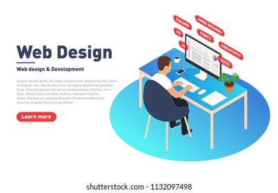 Web design and development concept. Web designer is working on computer. Designer, programmer and modern workplace in isometric projection. Landing page template. Vector