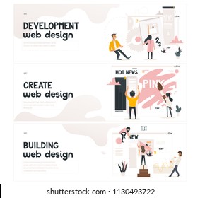 Web design development concept on horizontal banners set with it specialists team work on creating layout and filling site page with content and data - cartoon vector illustration of web designers.