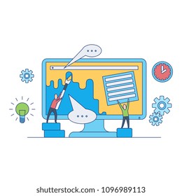 Web design development concept with team work on creating layout and filling site page with content and data isolated on white background - flat vector illustration of web designers.