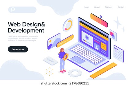 Web design and development concept. Woman programmer creates user interface or digital product on laptop. Online coding tools or services. Landing page design. Cartoon isometric vector illustration