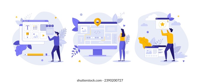 Web design and development flat concept vector illustrations set. User interface maintenance and digital technology cartoon composition. Internet sources creation idea for website, presentation