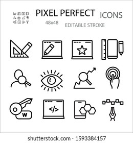 Web Design, development, graphic design, UX/UI design line icons set vector illustration.Set for web sites and  mobile apps .Editable Stroke. 48x48 Pixel Perfect. 