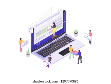 Web design and development isometric vector illustration. Website builder. People building website 3d concept. Web page maker. Webpage construction. Team create interface isolated clipart