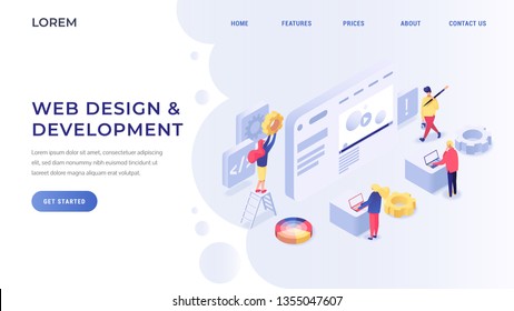 Web design and development landing page concept. Developers and specialists testing website and mobile application flat isometric vector illustration