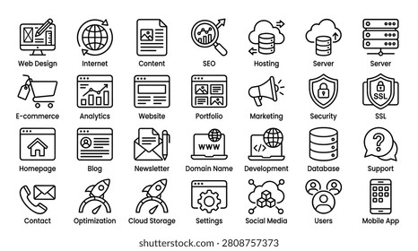 web design and development line icon set. collection of web design, internet, content, SEO, hosting, server, e-commerce, analytics, website, portfolio, marketing, security, SSL, homepage, blog, newsletter, domain name, development, database, support.