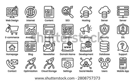 web design and development line icon set. collection of web design, internet, content, SEO, hosting, server, e-commerce, analytics, website, portfolio, marketing, security, SSL, homepage, blog, newsletter, domain name, development, database, support.