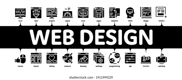Web Design Development Minimal Infographic Web Banner Vector. Creative Web Design Studio Tool And Settings, Error Message And Filtering Data Black Illustration